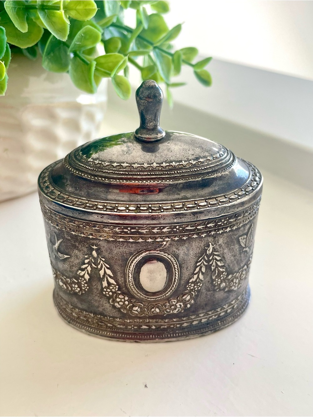 Ornate Silver Plated Trinket Box Oval Hinged Butterfly Floral Swag Vanity Decor